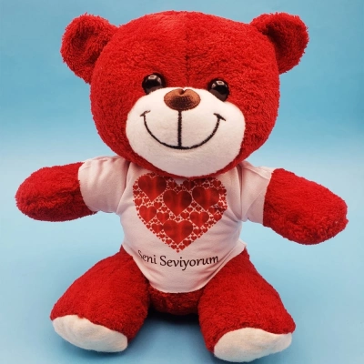 ÇOK SATAN Kalpli Seni Seviyorum Tişörtlü Kırmızı Peluş Ayıcık