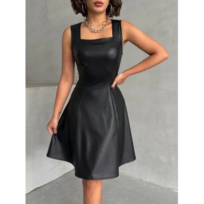 Kare yaka deri elbise siyah h24442