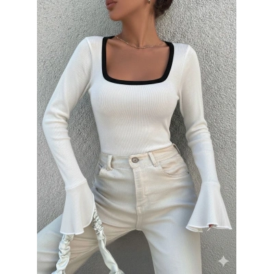 Kare yaka garni detay ispanyol kol bluz beyaz a3105