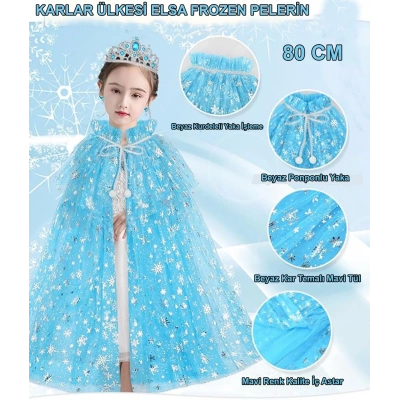 ÇOK SATAN Karlar Ülkesi Elsa Frozen Mavi Pelerin – 80 Cm Kar Desenli Çocuk Pelerini ( Taç Hariç )