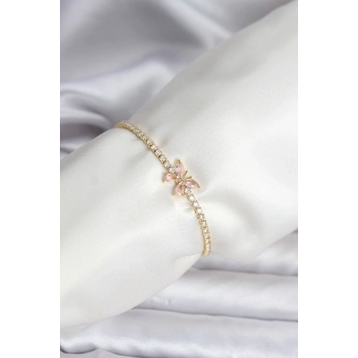Kelebek Model Zirkon Taşlı Gold Renk Pirinç Su Yolu Kadın Bileklik
