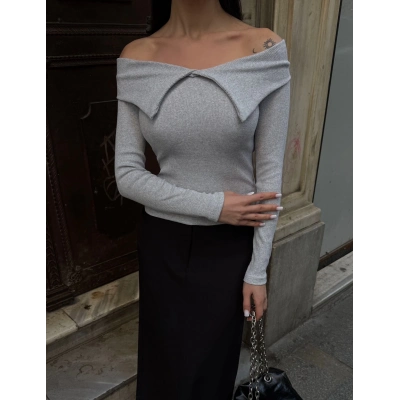 Kelebek yaka uzun kol bluz Gri