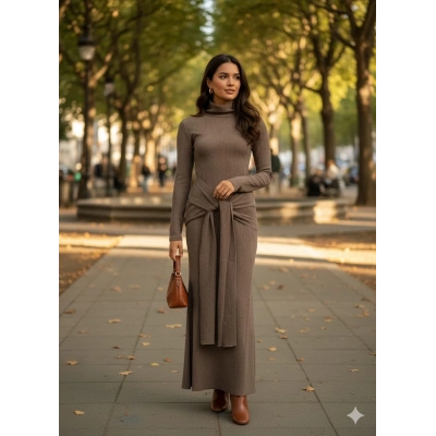 Kendinden kemerli uzun elbise vizon