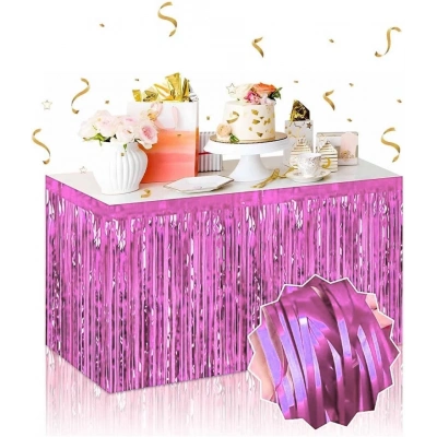 ÇOK SATAN Kendinden Yapışkanlı Pembe Metalize Püsküllü Masa Eteği – 75 x 275 cm Parti Süslemesi