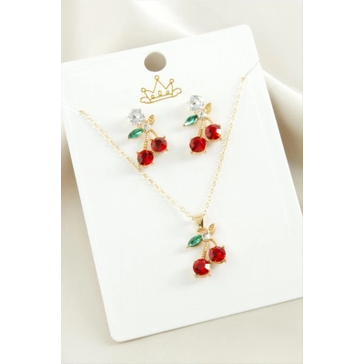 ÇOK SATAN Kiraz Zirkon Taşlı Set Kolye