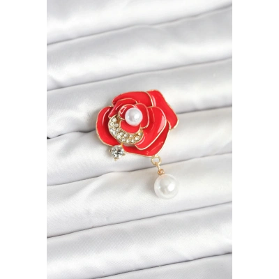 Kırmızı Gül İncili Model Broş
