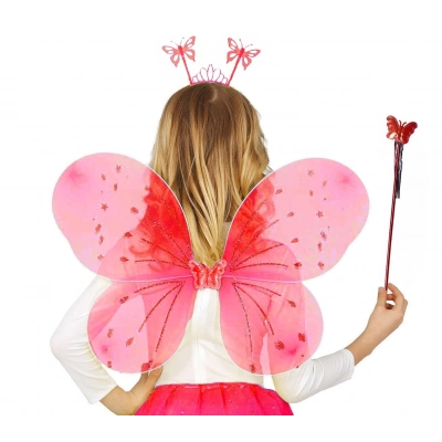 ÇOK SATAN Kırmızı Renk Çocuk Kelebek Kanadı Tacı Ve Asa Seti 50 Cm