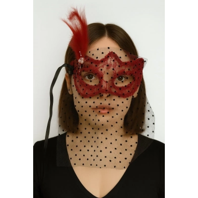 ÇOK SATAN Kırmızı Renk Dantelli Duvaklı İncili Parti Maskesi Balo