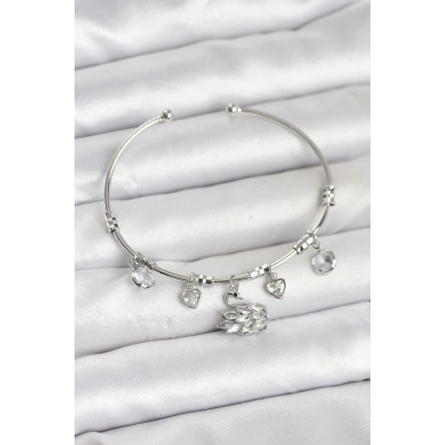 Kuğu Charmlı Gümüş Renk Kadın Bileklik