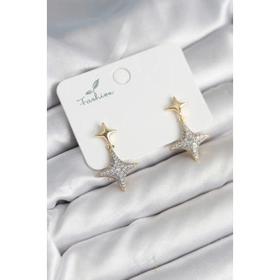 Kutup Yıldızı Pirinç Gold Renk Zirkon Taşlı Kadın Küpe