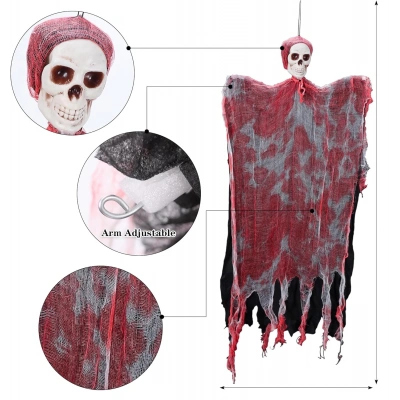 ÇOK SATAN Led Işıklı Kahkaha Atan Sesli Sensörlü Ürpertici Kuru Kafa Kanlı Korku Hayalet Saçaklı Dekor 90x50 cm