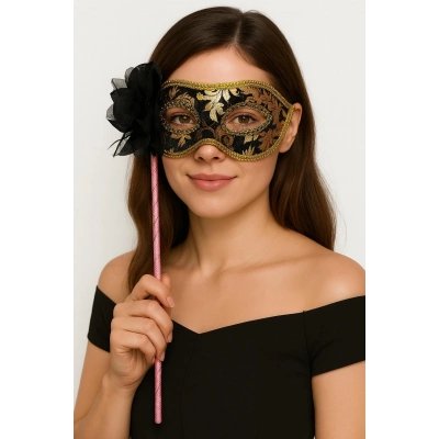 ÇOK SATAN Lüks Taşlı Saplı Maskeli Balo Maskesi Siyah Renk 35 cm