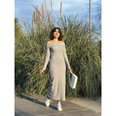 Madonna yaka uzun elbise şardonlu kumaş gri w3753