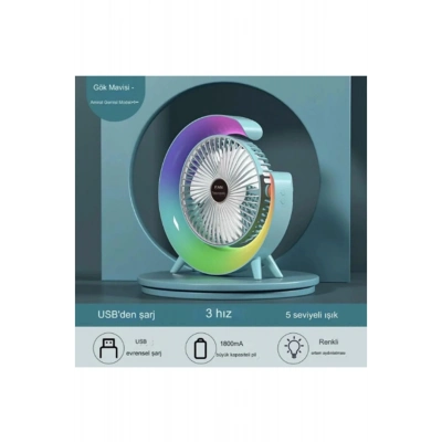 ÇOK SATAN Masaüstü Vantilatör Usb Şarjlı Rgb Led Işıklı 3 Kademeli 180° Ayarlanabilir Soğutucu Fan Mavi