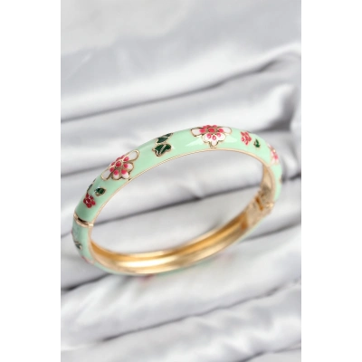 ÇOK SATAN Mineli Pirinç Su Yeşili Çiçek Motifli Gold Kadın Kelepçe