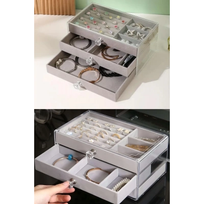 ÇOK SATAN Modern Gri 3 Çekmeceli Takı Bijuteri Mücevher Kutusu Organizer Düzenleyici Şeffaf 13 X 23 X 10 Cm