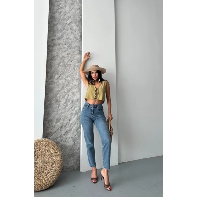 Mom fit bıyık kar yıkama jeans pantolon koyu mavi d2006