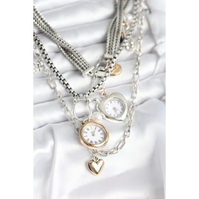 Otantik Gümüş Renk Kadın Kolye Kombini