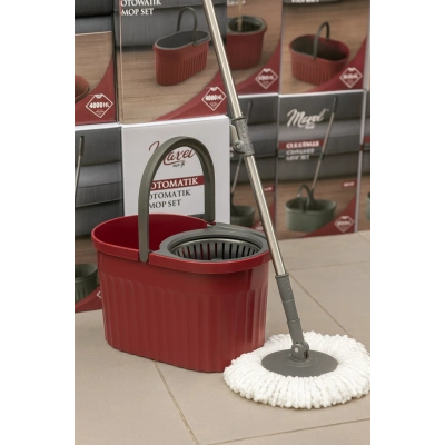 ÇOK SATAN Otomatik Mop Seti Paspas ve Sıkma Kovası, 360° Döner Başlıklı Mikrofiber Yer Temizleme Bordo