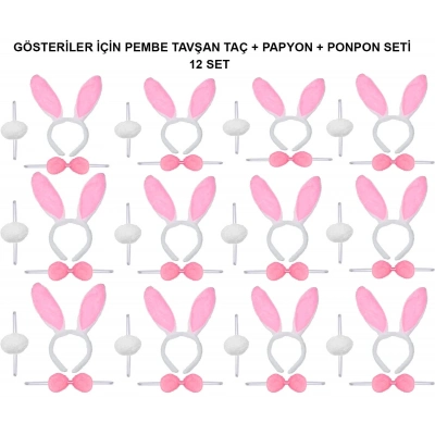 ÇOK SATAN Pembe Tavşan Kostüm Seti – Taç, Papyon, Ponpon (12’li Paket)