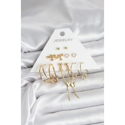 Pirinç Gold Renk 6 Çiftli Kadın Küpe Seti
