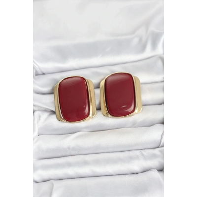 Pirinç Gold Renk Bordo Plaka Vintage Kadın Küpe