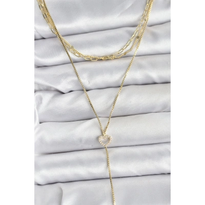 Pirinç Gold Renk Kalp Detaylı 3lü Kombin Y Kadın Kolye