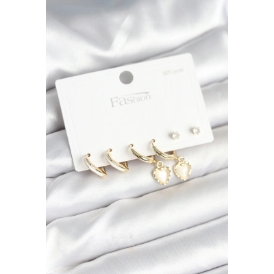 Pirinç Gold Renk Kalp Detaylı 925 Ayar Gümüş Çivili Kadın Küpe Seti