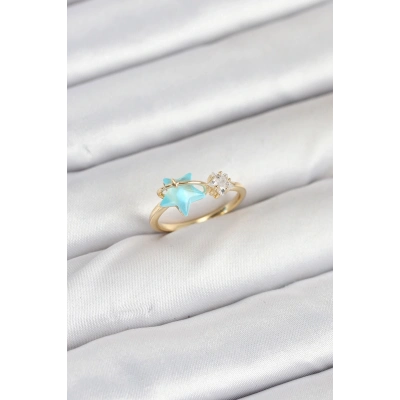 Pirinç Gold Renk Mavi Yıldızlı Model Kadın Yüzük