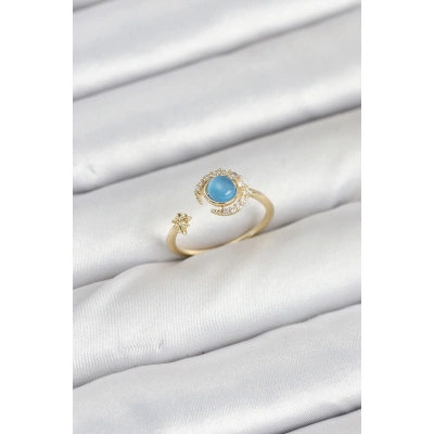 Pirinç Gold Renk Zirkon Taşlı Ay Yıldız Kadın Yüzük