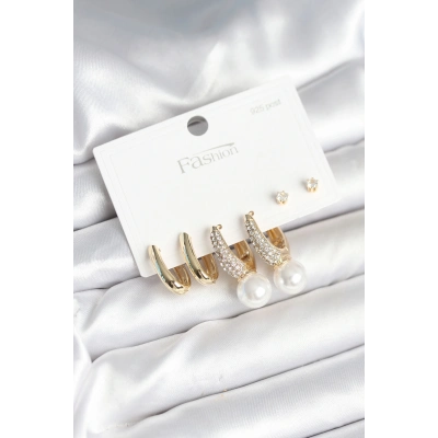 Pirinç Gold Renk Zirkon Taşlı İnci Detaylı 925 Ayar Gümüş Çivili Kadın Küpe Seti