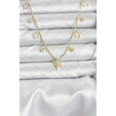 Pirinç Gold Renk Zirkon Taşlı Kutup Yıldızı Model Kadın Kolye
