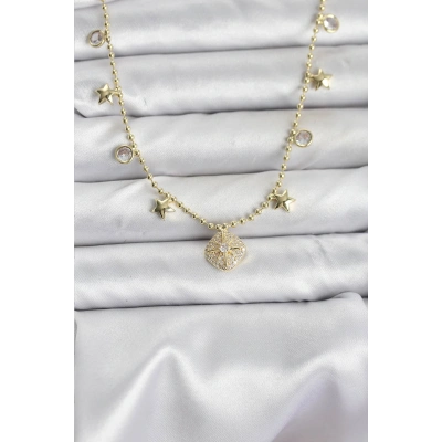 Pirinç Gold Renk Zirkon Taşlı Kutup Yıldızı Model Kadın Kolye