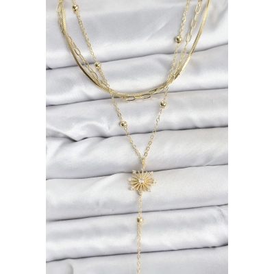 Pirinç Gold Renk Zirkon Taşlı Model Detaylı 3lü Kombin Y Kadın Kolye