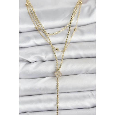 Pirinç Gold Renk Zirkon Taşlı Yonca Model Detaylı 3lü Kombin Y Kadın Kolye