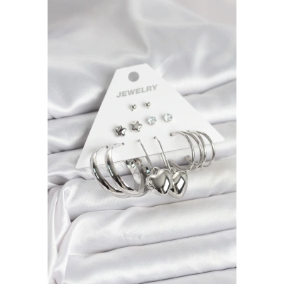 Pirinç Gümüş Renk 6 Çift Kadın Küpe Seti