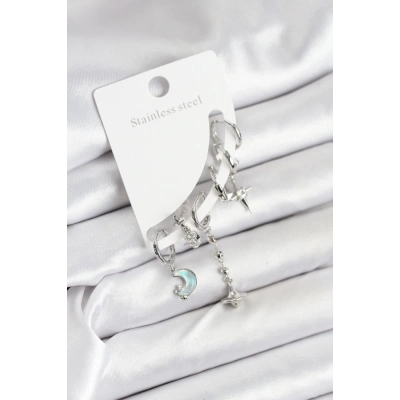 ÇOK SATAN Pirinç Gümüş Renk Ay Model Kadın Set Küpe