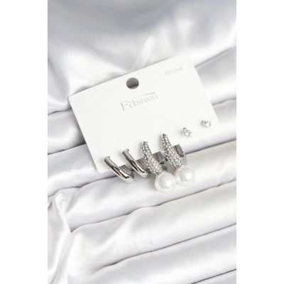 Pirinç Gümüş Renk İncili 925 Ayar Gümüş Çivi Kadın Küpe Seti