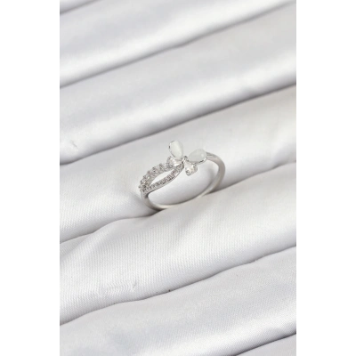 Pirinç Gümüş Renk Kelebek Zirkon Taşlı Kadın Yüzük