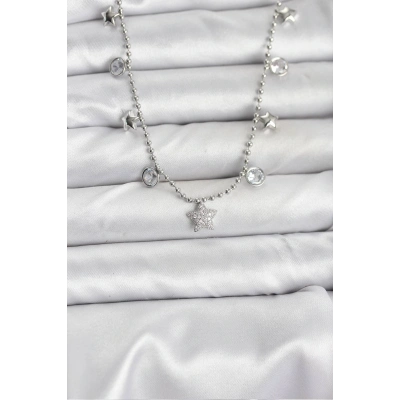 Pirinç Gümüş Renk Yıldız Model Kadın Kolye