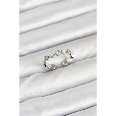 ÇOK SATAN Pirinç Gümüş Renk Zirkon Taşlı İncili Kadın Yüzük