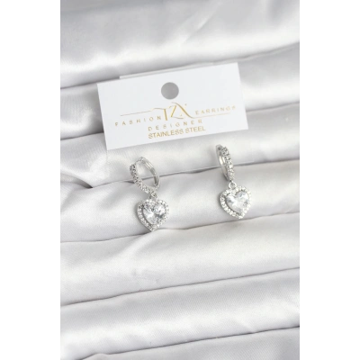 Pirinç Gümüş Renk Zirkon Taşlı Kalp Model Kadın Küpe