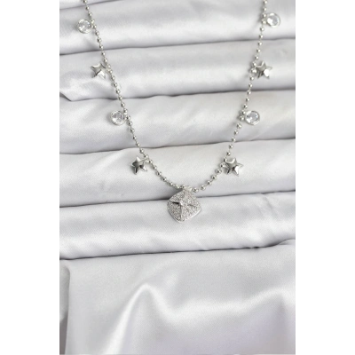 Pirinç Gümüş Renk Zirkon Taşlı Kutup Yıldızı Model Kadın Kolye