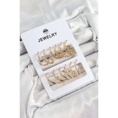 ÇOK SATAN Pirinç Karışık Halka Model Gold Renk 6 Çift Kadın Küpe Set