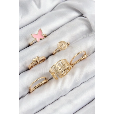 ÇOK SATAN Pirinç Kelebek Ve Kalp Model Gold Renk Kadın Yüzük Kombin Set