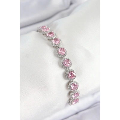 ÇOK SATAN Pirinç Pembe Zirkon Taşlı Daire Baget Model Gümüş Renk VIP Seri Kadın Bileklik