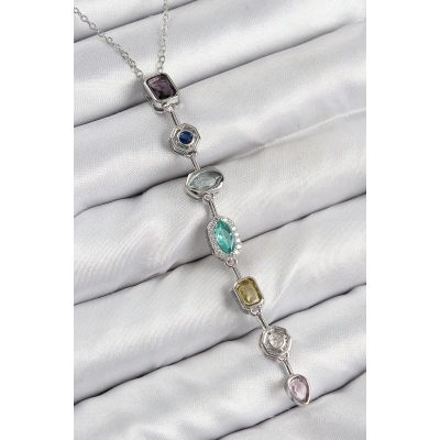 ÇOK SATAN Pirinç Renkli Zirkon Taşlı Model Gümüş Renk 7 Element Kadın Y Kolye