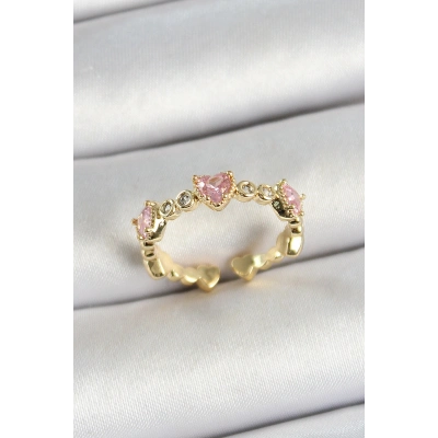Pirinç Sıralı Kalp Figürlü Zirkon Taşlı Gold Renk Ayarlanabilir Kadın Yüzük