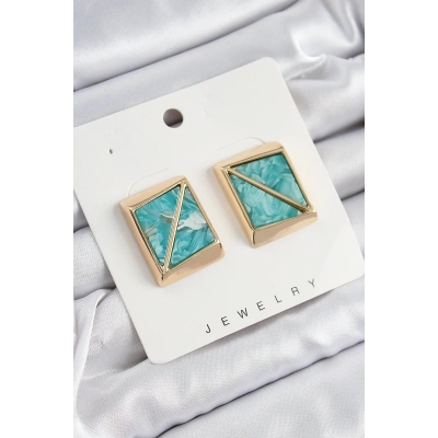 ÇOK SATAN Pirinç Turkuaz Üçgen Kesim Detaylı Kare Model Vintage Gold Renk Kadın Küpe