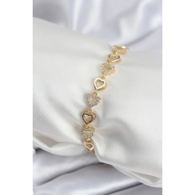 Pirinç VIP Seri Gold Renk Sıralı Kalp Model Kadın Bileklik